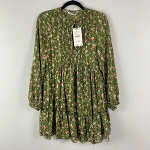 Zara Floral Print Mini Dress Size Small Green Long Sleeve Keyhole Neck